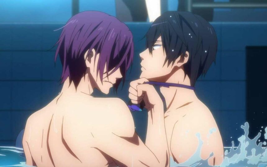 Casal de anime Yaoi se olhando uma piscina.