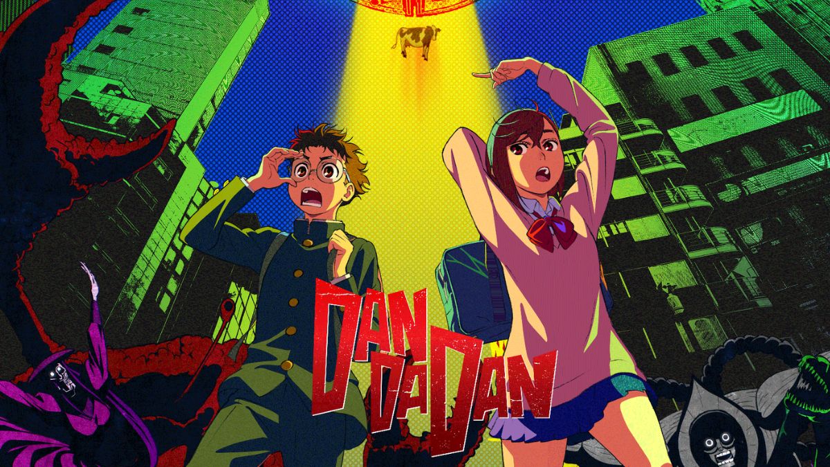 Ilustração vibrante de animes como Dandadan, destacando personagens em ação com elementos sobrenaturais, humor e batalhas intensas.
